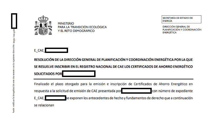 Resolución CAE del Ministerio para la Transición Ecológica